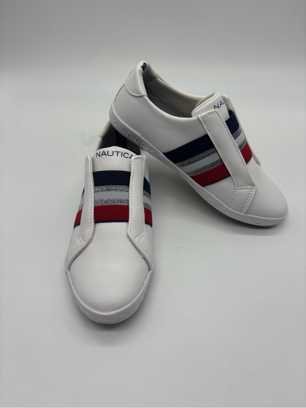 Nautica Kids White Slip-On Sneakers with Navy, Red & Gray Stripes
